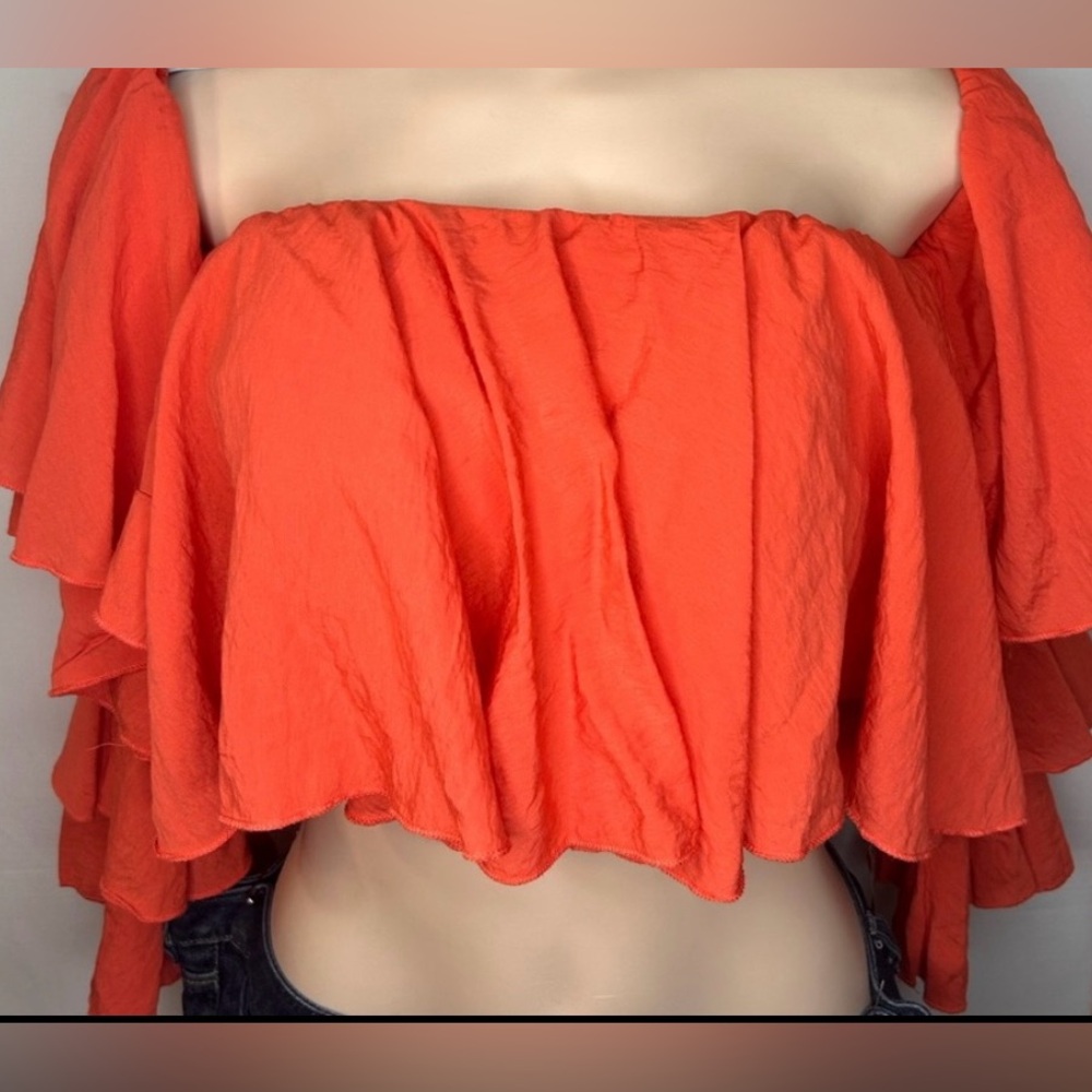 PRETTYLITTLETHING BRIGHT ORANGE WOVEN BARDOT TIERED SLEEVE CROP TOP SIZE 8 - Picture 3 of 14
